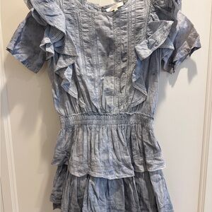LoveShackFancy Blue Ruched Ruffled Mini Sundress